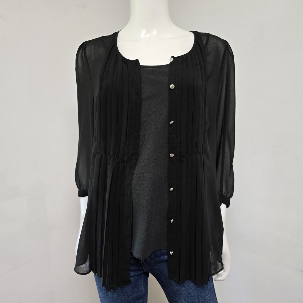 Talbots Blouse Top Tank Set Size 10 Black Sheer Button Down 3/4 Sleeve Pleats